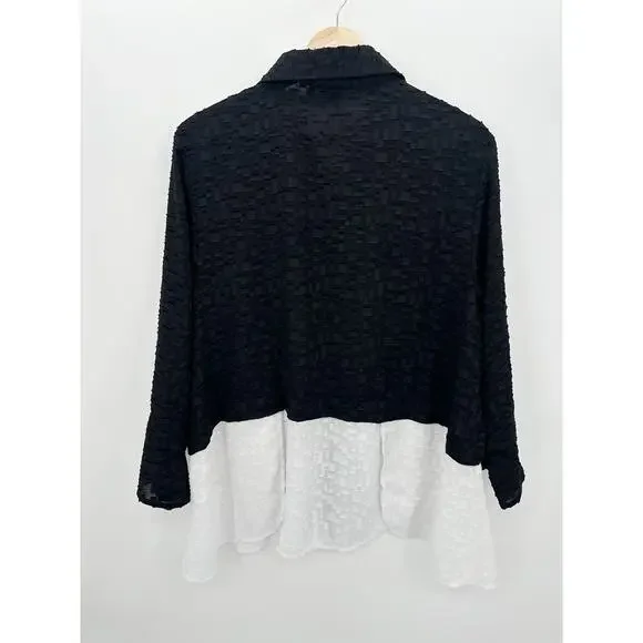 by JJ Black White Colorblock Button Down Blouse 3/4 Sleeve Textured Artsy Large - Picture 2 of 7